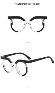 Front and side view of two-tone irregular round glasses frames in transparent and black