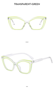 Cat-Eye-Blaulichtbrille mit transparentem Rahmen und neongrünem Innenrand, Front- und Seitenansicht