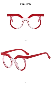 Front and side views of pink and red geometric round anti-blue light glasses frames