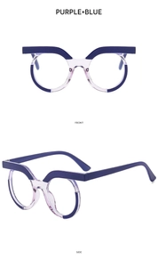 Front and side views of purple and blue gradient round owl-style glasses frames