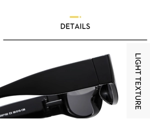 Detailansicht der schwarzen Sportsonnenbrille mit bedruckten Maßen auf der Innenseite des Bügels