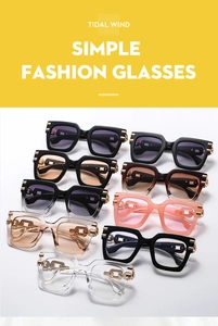 Detail of square oversized sunglasses showing gold hollow chain metal temples and various colors