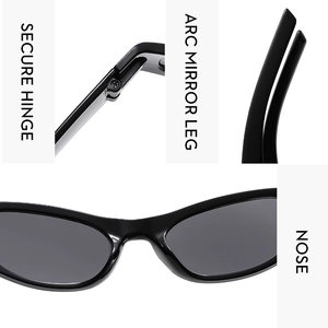 Details von Sicherheitscharnieren, gebogenen Bügeln und Nasenpads an schwarzer Sportbrille