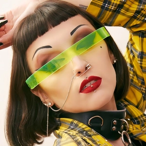Cyberpunk wrap sunglasses in neon green with metal nose chain and leather neck choker