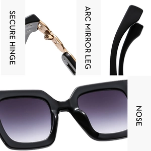 Detail view of square sunglasses with gold hinges, gradient lenses, and ergonomic arms