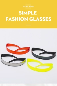 Group display of wrap-around cyberpunk sunglasses in silver, black, red, and yellow