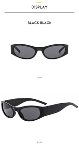 Vorderansicht und 45-Grad-Seitenansicht der schwarzen ovalen Sportsonnenbrille auf Weiß