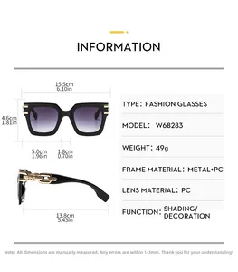 Size chart for square frame oversized sunglasses showing dimensions and metal chain detail