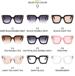 Selective color chart showing nine variants of square oversized sunglasses with gold metal trim