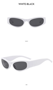 Vorder- und Seitenansicht der weißen Vintage-Oval-Sonnenbrille mit dunklen Gläsern