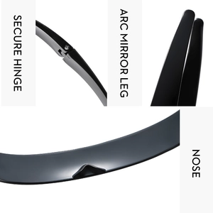 Detailed views of secure hinges, arc mirror legs and ergonomic nose pads on sunglasses