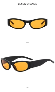 Vorder- und Seitenansicht der schwarzen Sportsonnenbrille mit orangefarbenen Gläsern