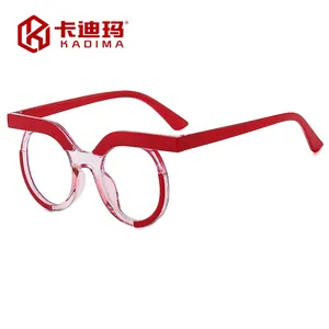 Retro round anti-blue light glasses for women in red and translucent pink frames