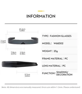 Detailed size chart for wrap-around cyberpunk sunglasses with frame dimensions