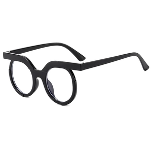 Retro round black frame glasses with thick brow bar and blue light blocking lenses
