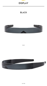 Front and side view of sleek black cyberpunk wrap-around visor sunglasses with glossy finish