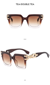 Front and side view of oversized square sunglasses with gold chain temples and brown lenses