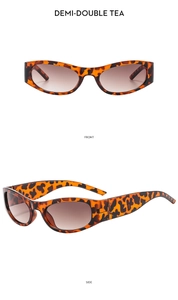 Vorder- und Seitenansicht der ovalen Leoparden-Sportsonnenbrille mit braunen Gläsern