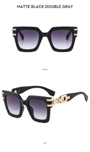Front and side view of matte black square sunglasses with gold chain temples and gray lenses