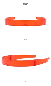Detailed front and side views of red cyberpunk wrap-around sunglasses with futuristic design