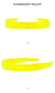 Front and side views of fluorescent yellow wrap-around cyberpunk sunglasses