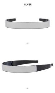 Front and side views of silver cyberpunk wrap-around sunglasses with black accents