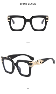 Front and side views of black square sunglasses with decorative gold chain temples