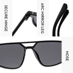 Detail view of durable hinges, curved anti-slip temples, and nose pads on black pilot sunglasses