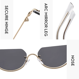 Detail view of gold metal hinges, curved temple tips, and comfortable nose pads on sunglasses