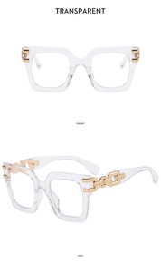 Detail of square glasses featuring high-transparency frames and gold metal chain temples