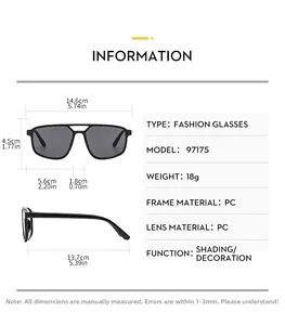 Detailed size specifications and technical parameters chart for double-bridge aviator sunglasses