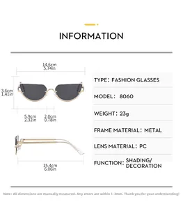 Detailed size chart for cat eye metal sunglasses featuring precise frame measurements