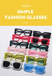 Grid of colorful oversized square sunglasses with thick frames in multiple vibrant colors
