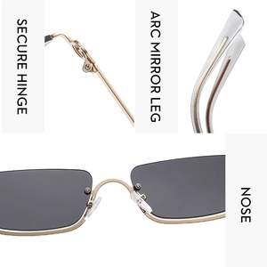 Detail view of gold metal frame square sunglasses with sturdy hinges and ergonomic arc legs