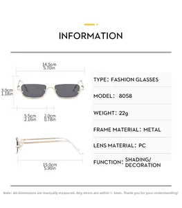 Size chart for square half-frame sunglasses with precise metal frame dimensions