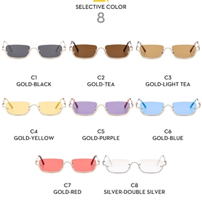 Detailed color chart of narrow rectangular sunglasses in eight various lens options