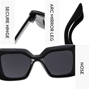 Detail view of square black sunglasses showing secure hinges and arc mirror legs