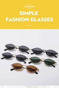 Detail of stylish geometric polygon sunglasses with metal frames in various color options