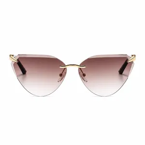 Detailaufnahme der braunen Verlaufsgläser und goldenen Metallbügel der randlosen Sonnenbrille