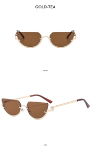 Front and side views of gold metal cat-eye sunglasses with tea lenses and thin frames