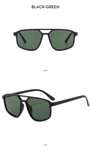 Front and side view of black square double-bridge aviator sunglasses with green lenses