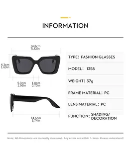 Detailed size chart for square candy color sunglasses including dimensions and specifications