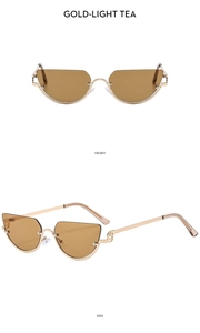 Front and side view of gold metal cat-eye sunglasses with light tea lenses