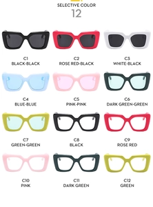 Selective color grid of 12 square candy-colored sunglasses from C1 to C12 with thick frames