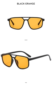 Black double-bridge aviator sunglasses with vibrant orange lenses shown in front and side views