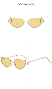 Detailed front and side views of gold-yellow cat-eye metal sunglasses with half-frame design