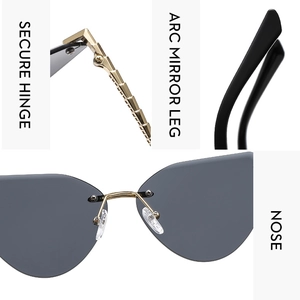 Details zu sicheren Metallscharnieren und komfortablen Bügeln der randlosen Sonnenbrille