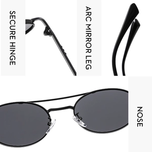 Detail view of secure hinges, arc mirror legs, and silicone nose pads on black sunglasses