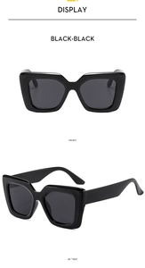 Front and 45-degree angle view of thick-frame square sunglasses in black finish