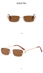 Detailed front and side views of gold-framed tea lens rectangular semi-rimless sunglasses